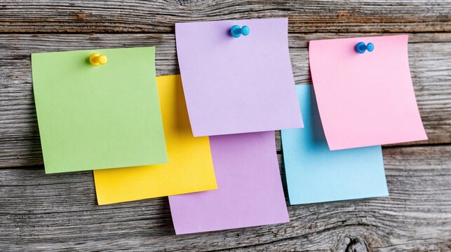 Pastel sticky notes pinned on weathered wooden board background