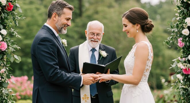 Cerim&ocirc;nia de casamento com troca de alian&ccedil;as entre noivos ao ar livre, com oficiante.