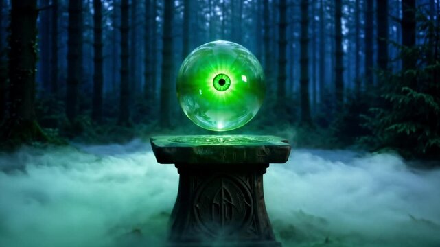 Spooky fantasy video loop featuring a glowing green eye inside a mystical crystal ball hovering above a gothic altar in a foggy forest. Magical, eerie, and cinematic atmosphere.