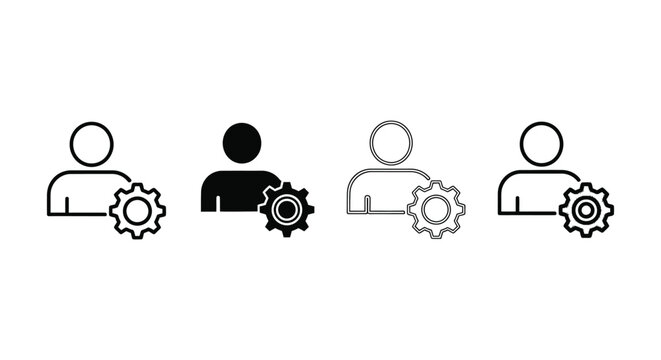 User Profile Settings: Four minimalist icons depict a user profile symbol paired with a gear icon, illustrating customizable settings and account management options.