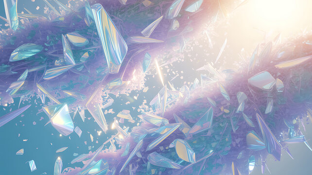 A vibrant and dynamic scene of numerous crystals scattered across a radiant background with a bright light source shining through them creating a mesmerizing display of color and light refraction