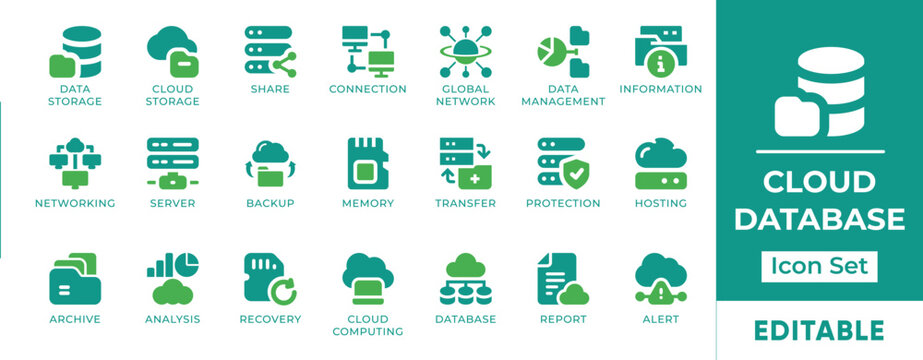 Cloud Database Storage Server Icon Set - Solid vector icons for data center network, backup recovery, and saas infrastructure
