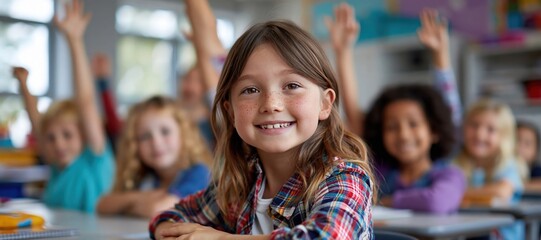 Fototapeta premium Elementary students raising hands during engaging classroom lesson