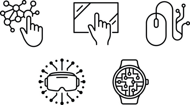 Advanced digital technology and smart user interface line art vector icon set featuring virtual reality headset and smartwatch