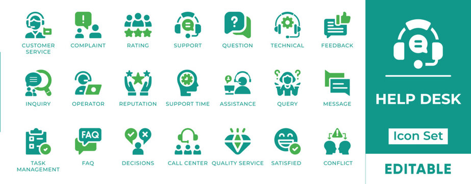 Help Desk Customer Service Icon Set - Technical support, IT troubleshooting, call center operator, and client assistance icons