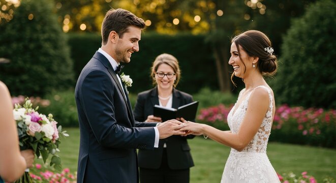 Casal feliz troca alian&ccedil;as durante cerim&ocirc;nia de casamento ao ar livre
