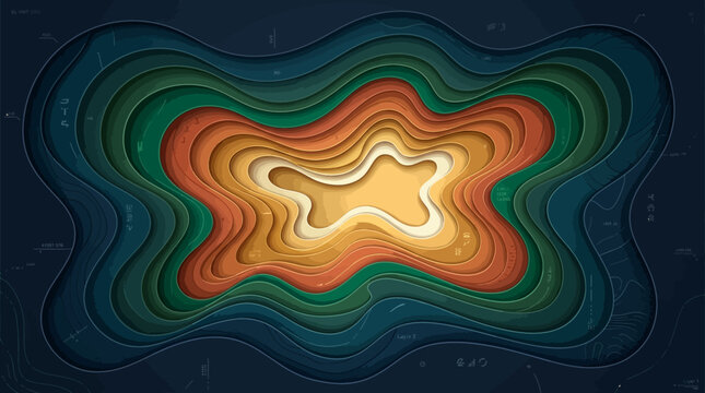 Abstract 3D Paper Cut Topographic Background with Layered Contours and Technical HUD Elements