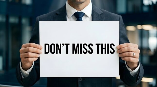 Business professional holding white sign board with text saying dont miss this in office.