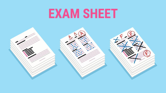 Stacks of exam sheets with marked answers on a light blue background