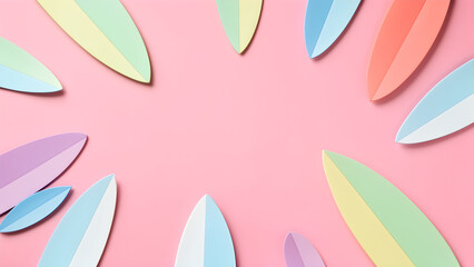 Fototapeta premium Pastel surfboard cutout pattern on pink summer backdrop