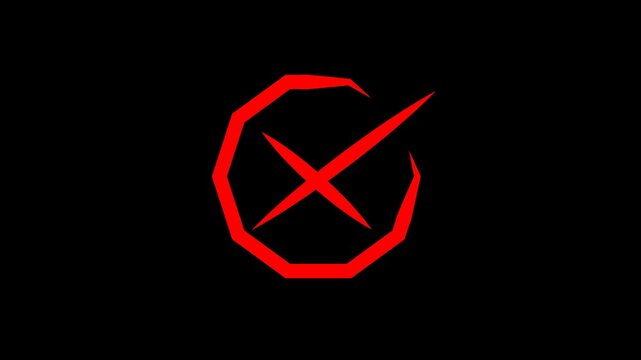 Red X mark inside a polygonal circle on a black background cross cancel