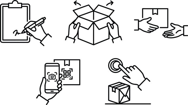 Shipping and logistics courier hand gestures line art vector icon set featuring unboxing qr scanning package handoff and signature