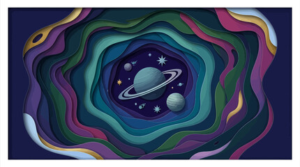 Abstract 3D Paper Cut Space Illustration featuring a Ringed Planet, Stars, and Colorful Layered Cosmos Background © Graphicnoell