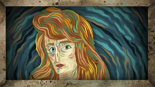 impressionist portrait painting of woman on blue background with wooden frame