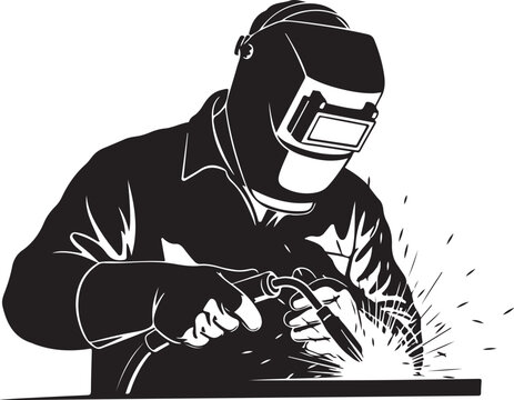 Black and white of a welder working with sparks welding