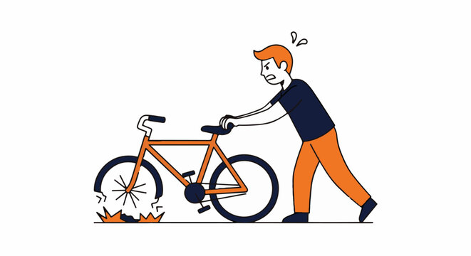 Frustrated man pushing a bicycle with flat tire.