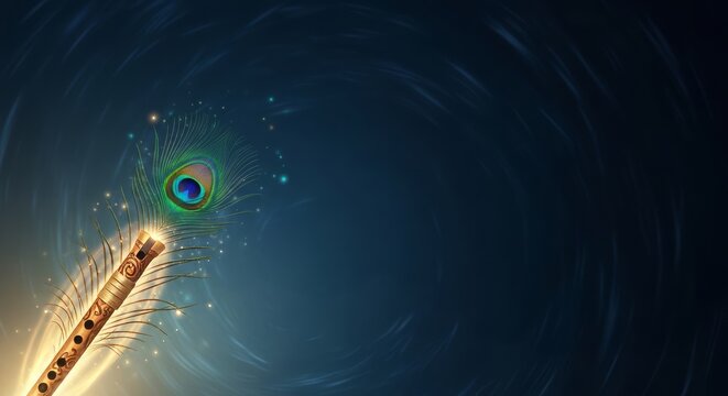 Divine Lord Krishna Background with Golden Flute and Glowing Peacock Feather on Dark Blue Spiritual Backdrop with Soft Ethereal Lighting Effects