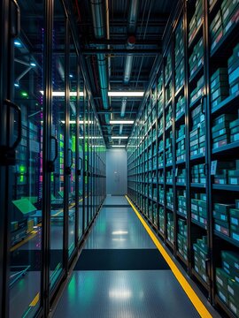 Modern Data Center Storage Corridor With Server Infrastructure