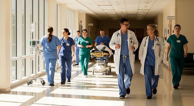 Modern hospital corridor with doctors and nurses walking in motion blur, bright natural light, clean clinical environment, symbolizing healthcare, emergency care, medical teamwork hospital efficiency