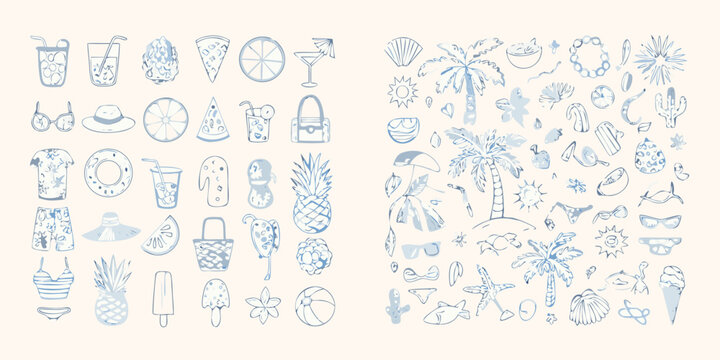 Summer Beach Items Illustration In Blue Line Art Style