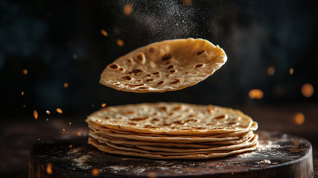 Traditional Indian chapati flatbread levitating over a stack on a wooden board with flour splash