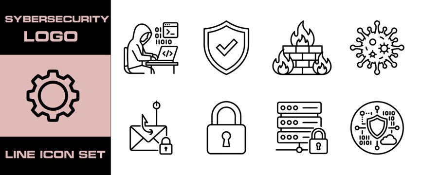 Cybersecurity line icon set for digital protection and network safety