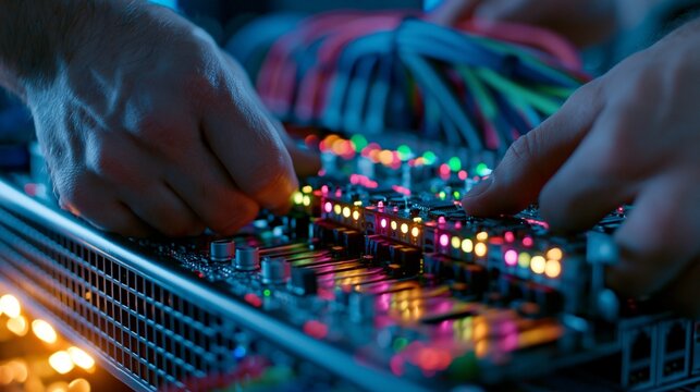 Closeup on expert hands replacing a server module with vibrant status LEDs set against a reflective floor and outoffocus rack cables highlighted by cinematic blue and amber