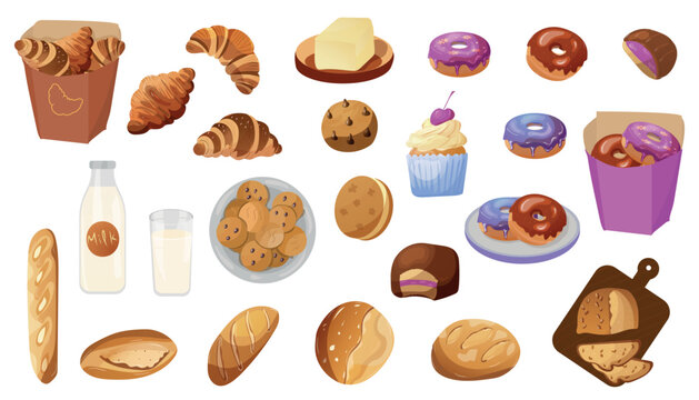 Bakery and pastry vector clipart set with bread, croissants, donuts