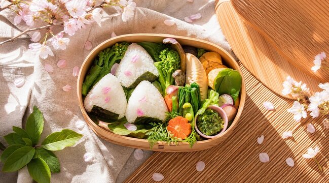 Japanese bento box with onigiri and spring cherry blossoms flatlay
