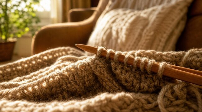 Close Up Macro of Hand Knitting with Wooden Needles and Wool Yarn