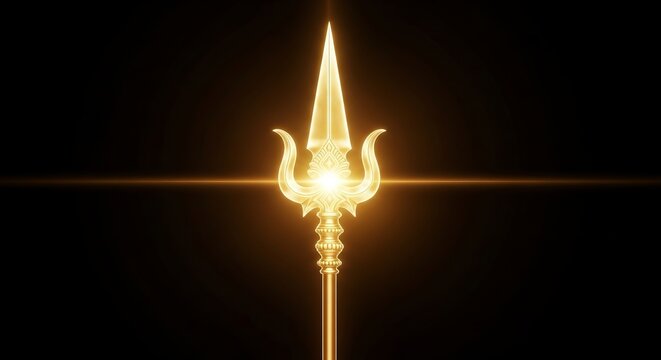 Divine Golden Vel Spear of Lord Murugan for Skanda Sashti Festival, Sacred Weapon with Glowing Aura and Sparkles on Elegant Dark Background