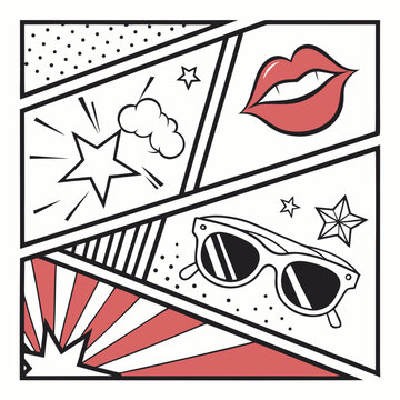 Vintage comic strip design featuring stylized red lips sunglasses and star bursts in a dynamic diagonal panel layout for retro pop art compositions