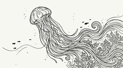 World ocean day jellyfish swimming near coral reef line art © Farrel Lexxy
