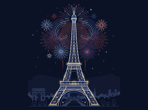 Eiffel Tower with Red White and Blue Fireworks Minimalist Line Art Vector Illustration for Bastille Day and Paris Tourism