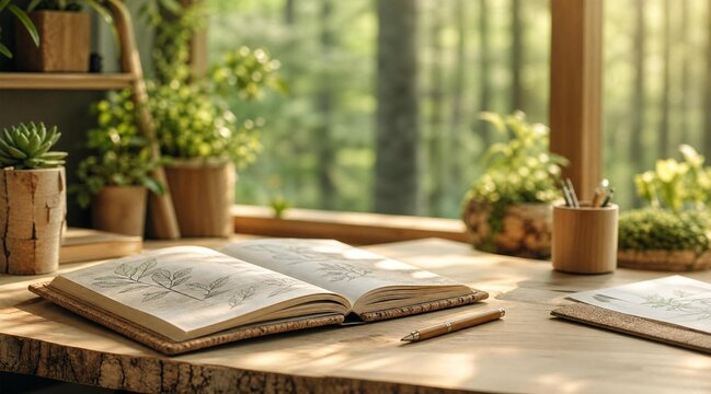 Open Sketchbook with Botanical Drawings on Wooden Desk by Window