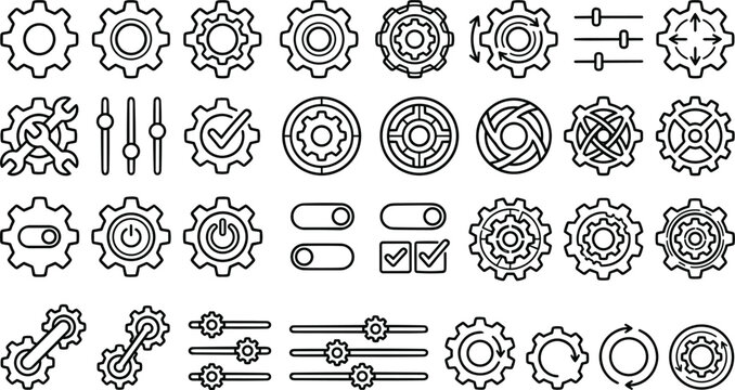 Settings and configuration preferences line art vector icon set featuring variety of gears adjustment sliders toggles and wrenches