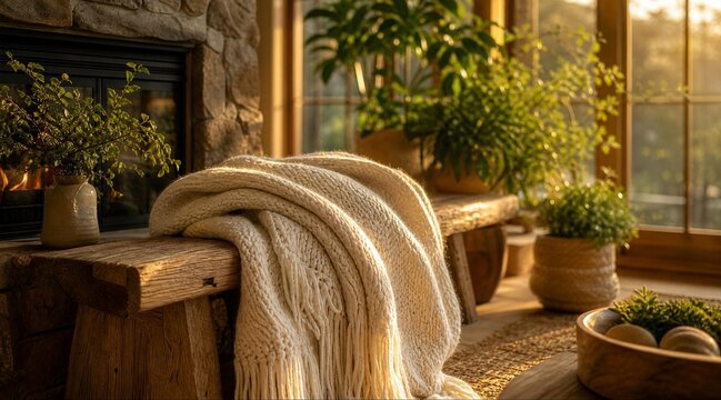 Cozy Interior with Knitted Blanket on Wood Bench near Fireplace
