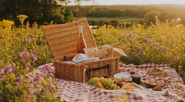 Romantic Summer Picnic Basket in Golden Hour Flower Field
