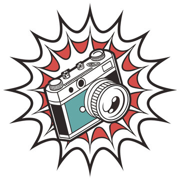 Retro camera pop art explosion graphic for photography and vintage design, isolated on white background, vibrant comic style