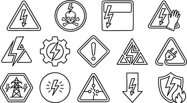 Electrical safety and high voltage warning line art vector icon set featuring lightning bolts power pylons and safety gloves