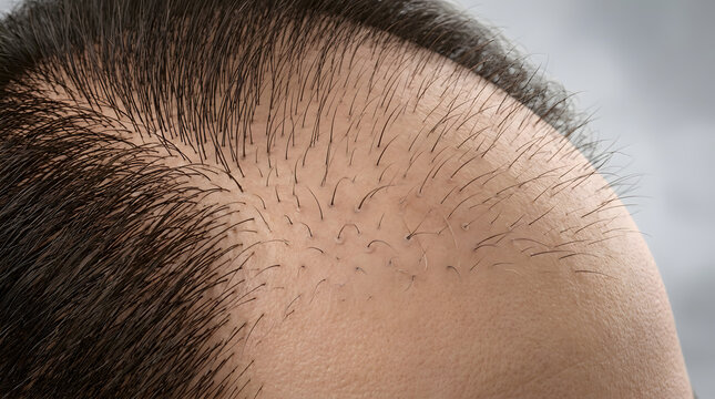 Close-up of a man's scalp showing hair thinning and receding hairline