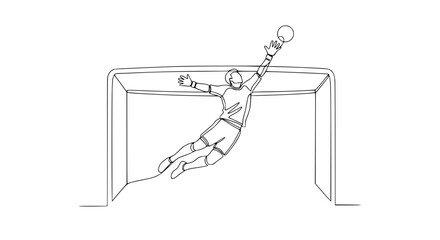 Fototapeta premium Continuous line drawing of a goalkeeper in mid-air, catching a soccer ball, against a goal frame.