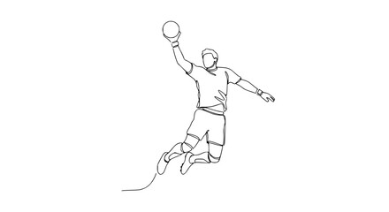 Obraz premium Handball Player Jumping with Ball, Continuous Line Art