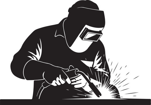 Black silhouette of a welder working with sparks welding