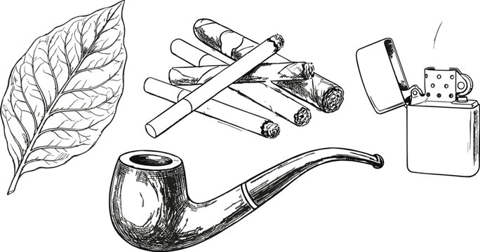 Vintage smoking accessories collection with cigars tobacco pipe lighter and leaf hand drawn vector illustration set