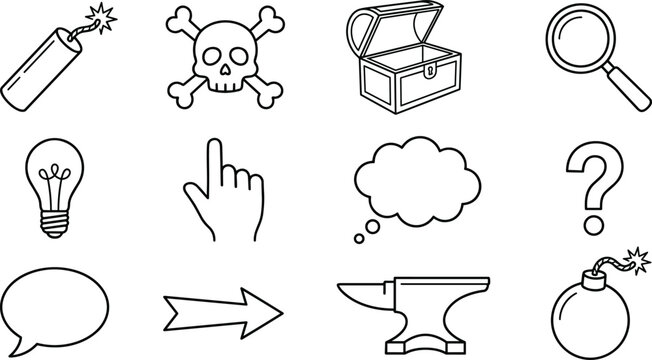 Adventure game design element line art vector icon set featuring dynamite skull treasure chest anvil and round bombs