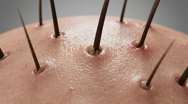 Close-up of oily scalp with ingrown hairs and acne