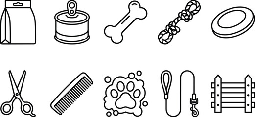Pet care and dog grooming line art vector icon set featuring food can bone rope toy leash and comb © tofajjol studio