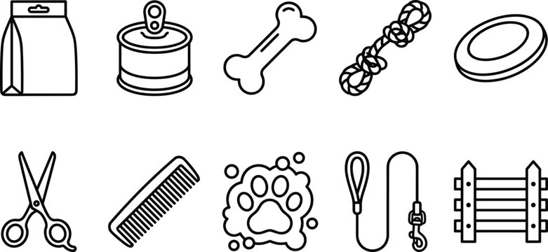 Pet care and dog grooming line art vector icon set featuring food can bone rope toy leash and comb