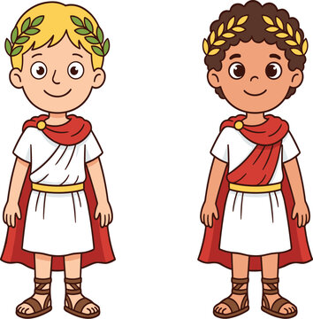 Cute Roman children characters in traditional toga costumes cartoon history vector illustration set for education theme